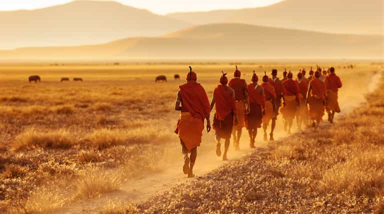 AI-generated image: A group of Himba people, adorned in traditional red ochre and leather attire, walks gracefully throu