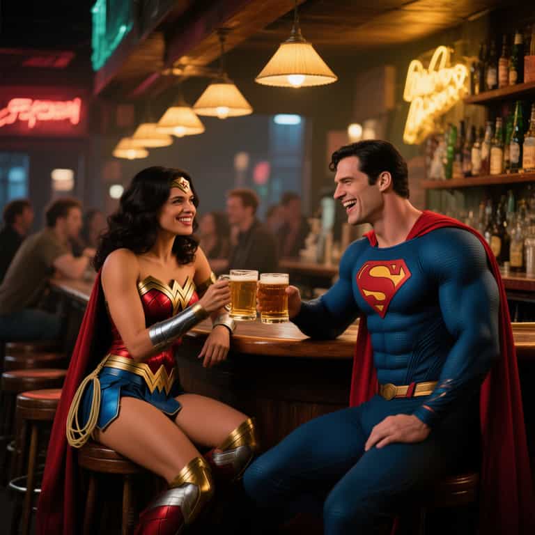 AI-generated image:   "SHOT COMPOSITION": "Medium shot framing "LYNDIA CARTER" as Wonder Woman and Superman seated at a 