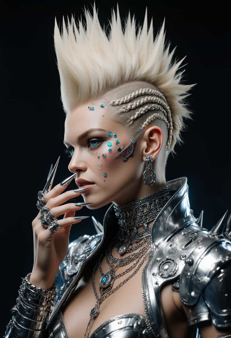 AI-generated image: A highly detailed digital portrait of 'Marilyn Monroe" a fierce cyberpunk woman in profile view, fac