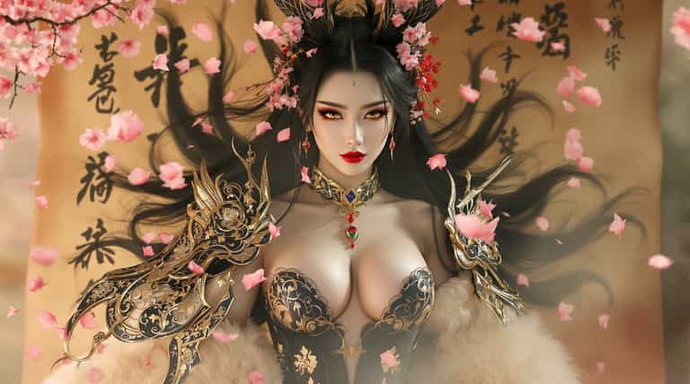 AI-generated image: highly detailed cinematic portrait of a seductive East Asian kitsune demoness with fox ears and nine