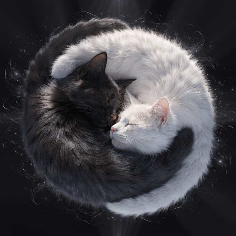 AI-generated image: A highly detailed digital artwork of two cats perfectly forming a Yin-Yang symbol, one sleek pure bl