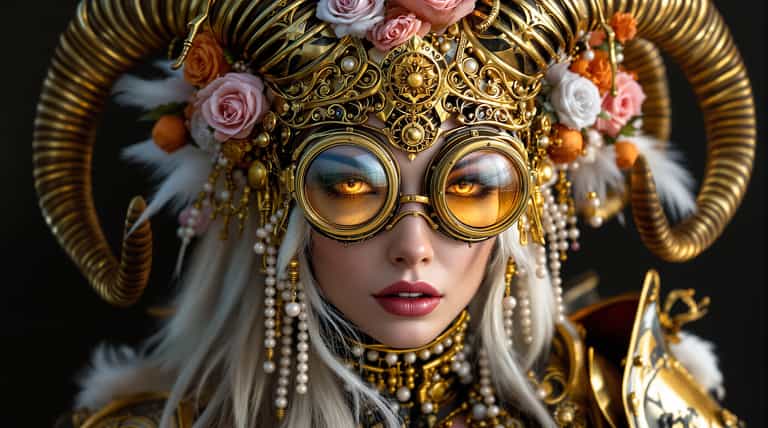 AI-generated image: A highly detailed close-up portrait of a fierce female warrior in steampunk cyberpunk style, intrica