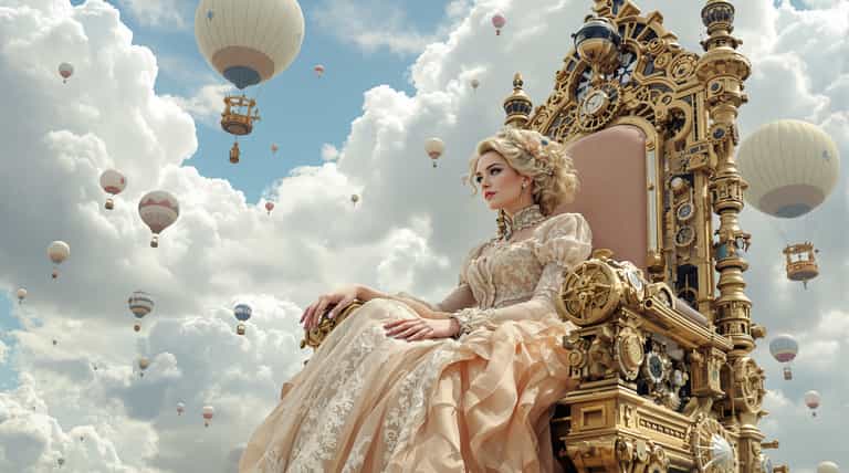 AI-generated image: A majestic young woman with voluminous blonde curls cascading around her face, pale porcelain skin, 