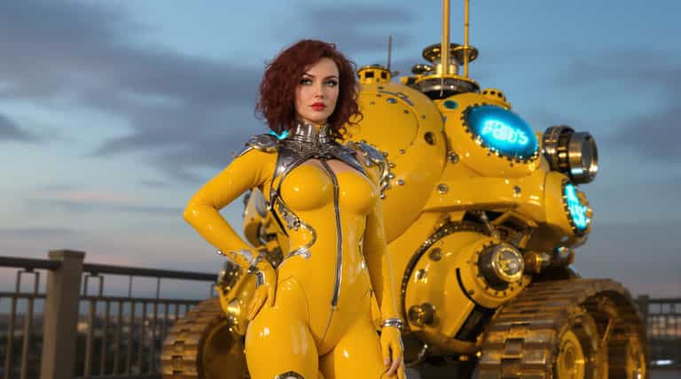 AI-generated image: A highly detailed cinematic CGI render of a fierce young woman with shoulder-length curly auburn hai