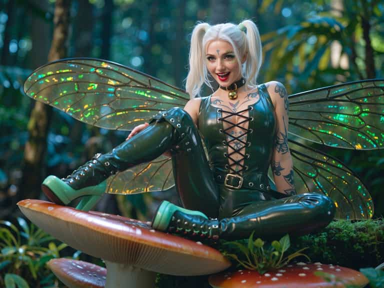 Iridescent Latex Fairy on Mushrooms