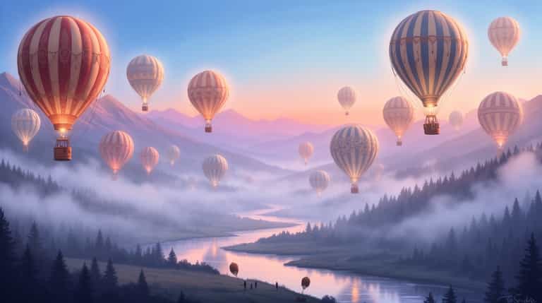 Balloons Adrift in Dawn Mist
