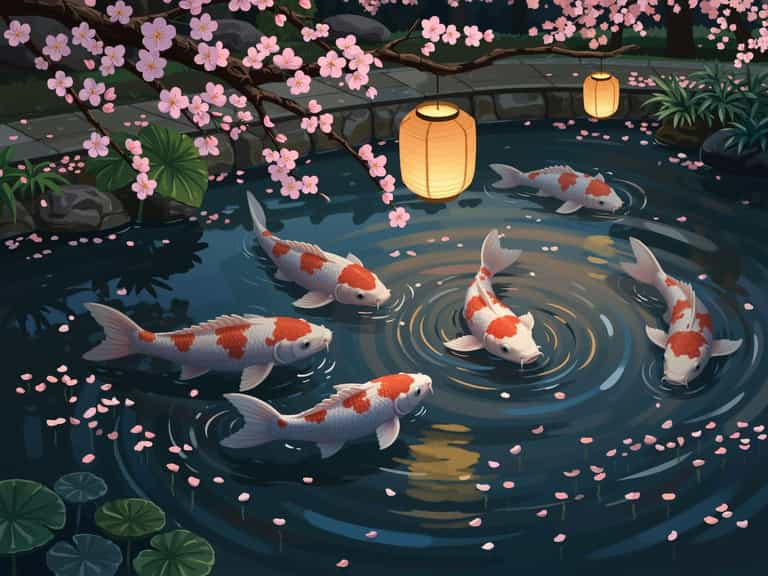 Koi Beneath Cherry Blossom Lanterns