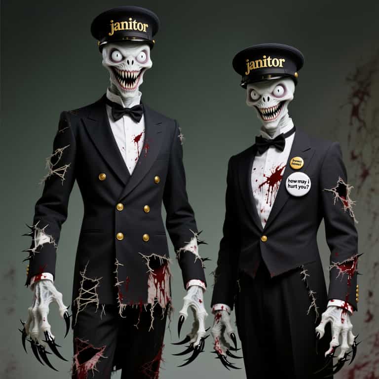 Skeletal Janitors in Bloodied Suits