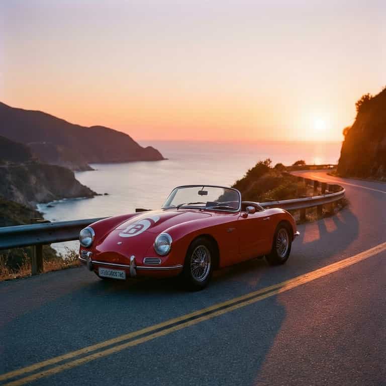 Crimson Roadster at Coastal Sunset