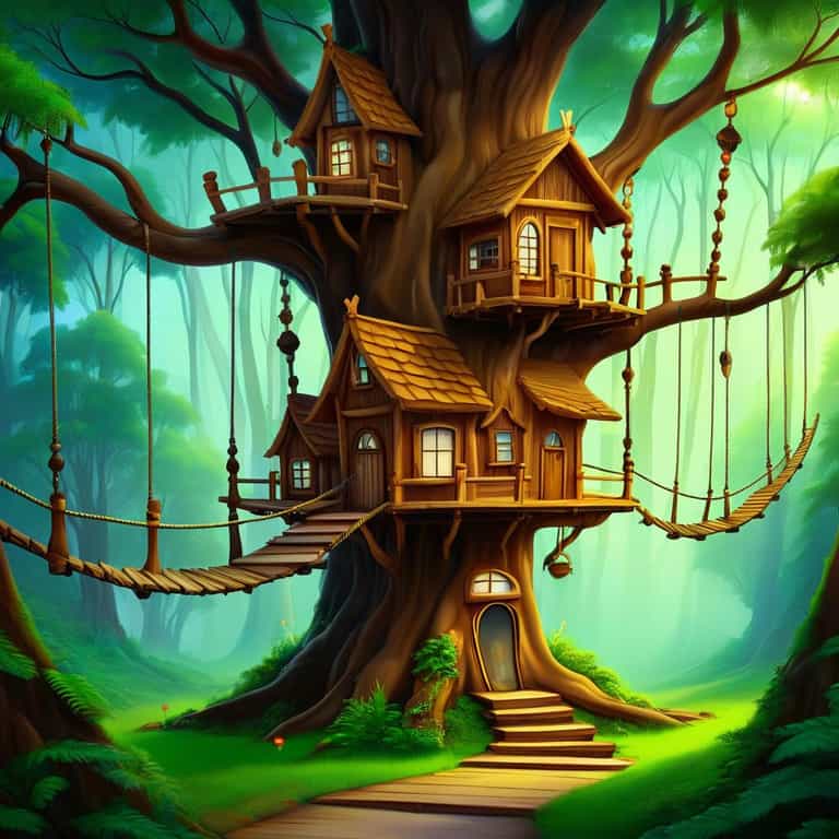 Whimsical Treehouse Village in Mist