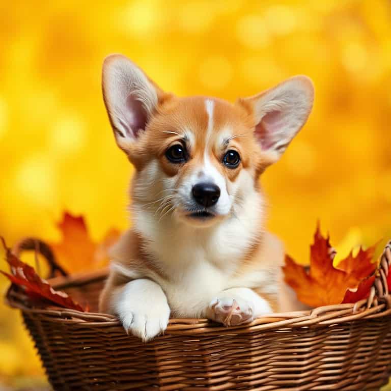 Corgi Puppy in Autumn Basket