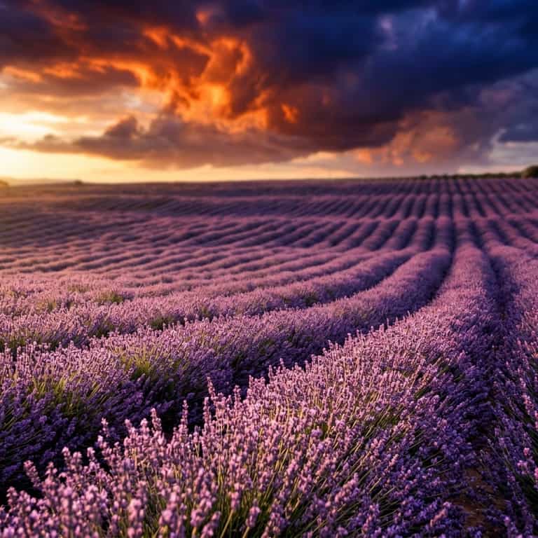Crimson Skies Over Lavender Rows