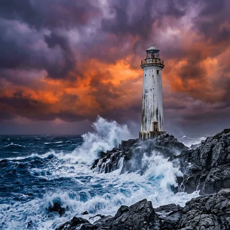 Lighthouse Against Turbulent Stormy Skies
