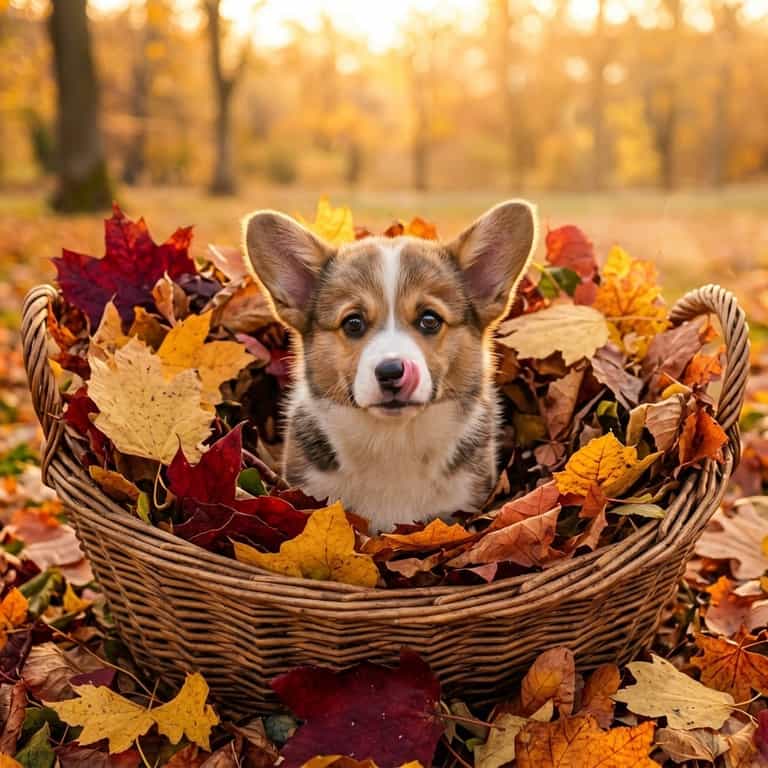 Corgi Puppy in Autumn Basket