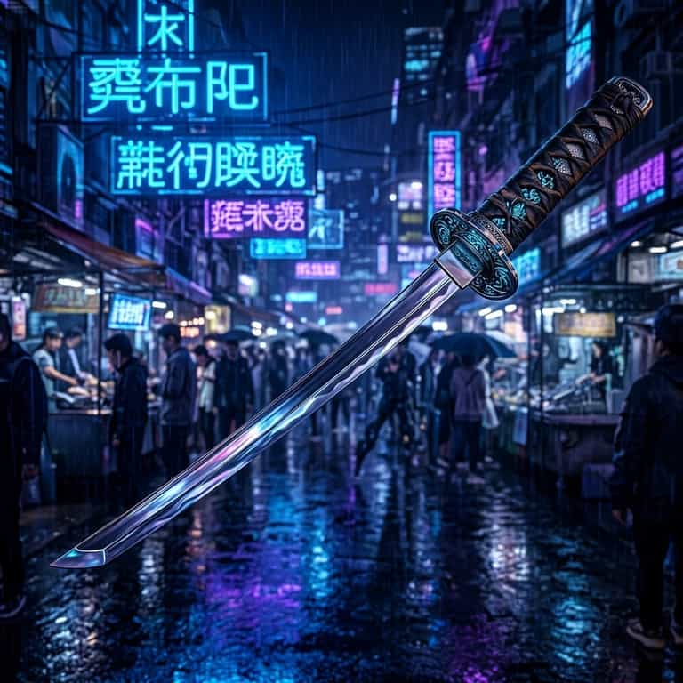 Neon Katana Over Rainy Market