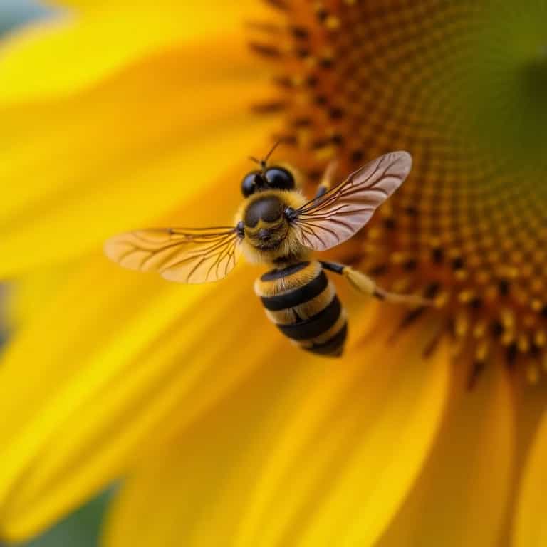 Golden Bee Hovering on Sunflower