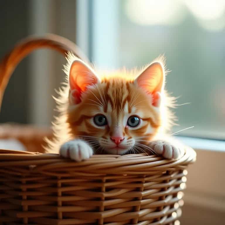 Sunlit Tabby Kitten in Basket