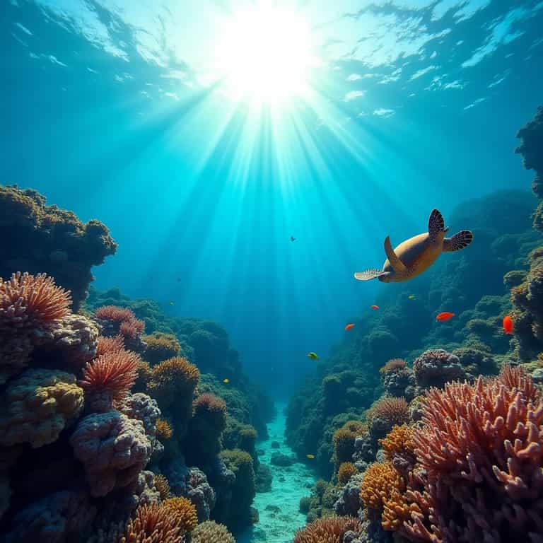 Sunlit Turtle Over Coral Gardens