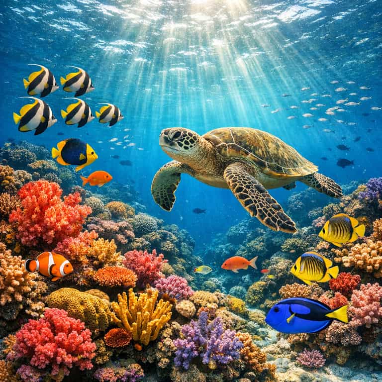 Sunlit Turtle Over Vibrant Coral Reef