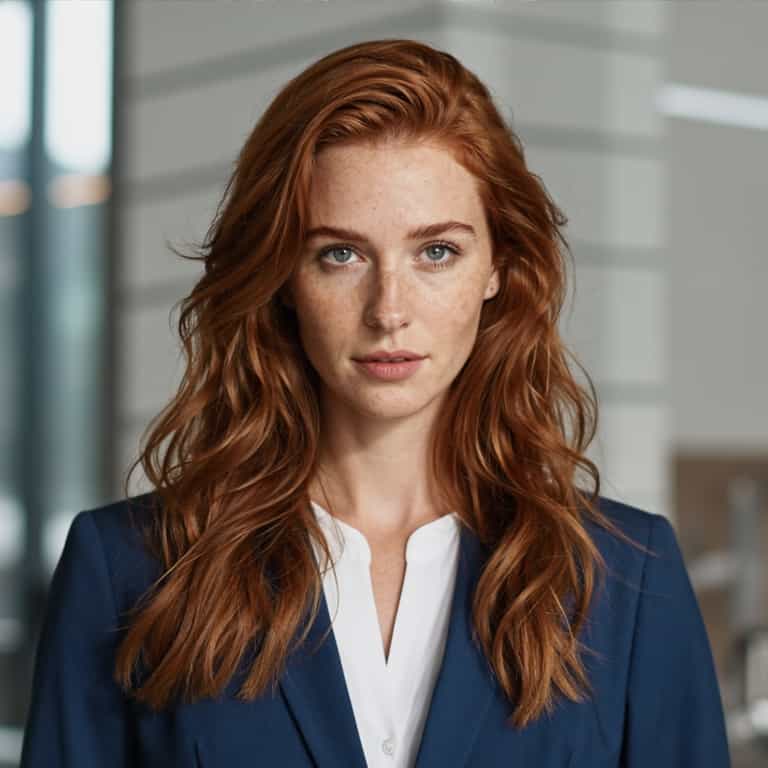 Confident Redhead in Tailored Navy
