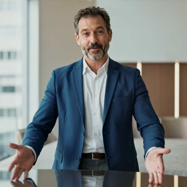 Executive Presenting with Open Gesture