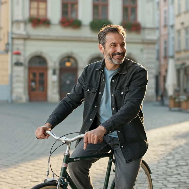 Smiling Cyclist in Sunlit Square