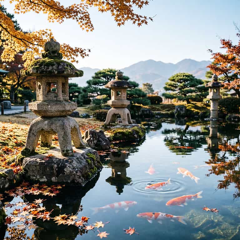 Autumn Lanterns Over Koi Waters