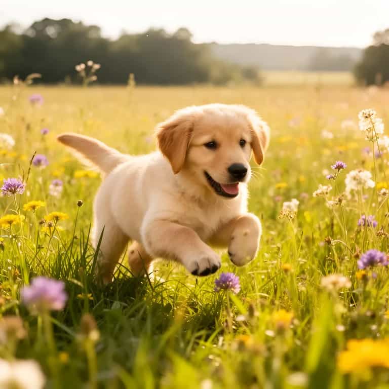 Golden Puppy Bounding Through Wildflowers