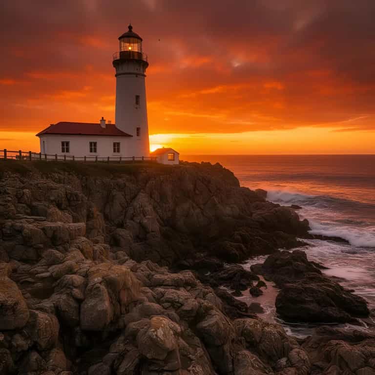 Lighthouse Against Fiery Horizon