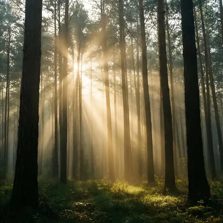 Golden Rays Through Pine Mist