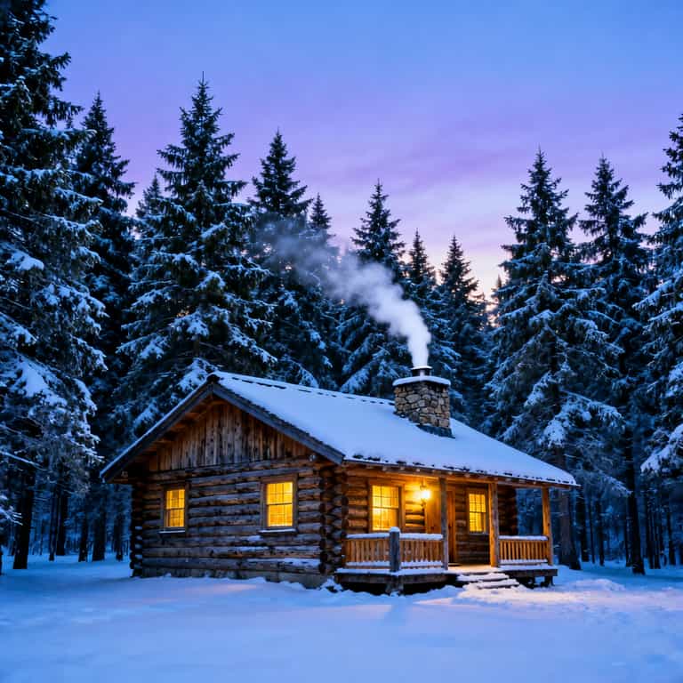 Cabin Glow Amid Winter Pines