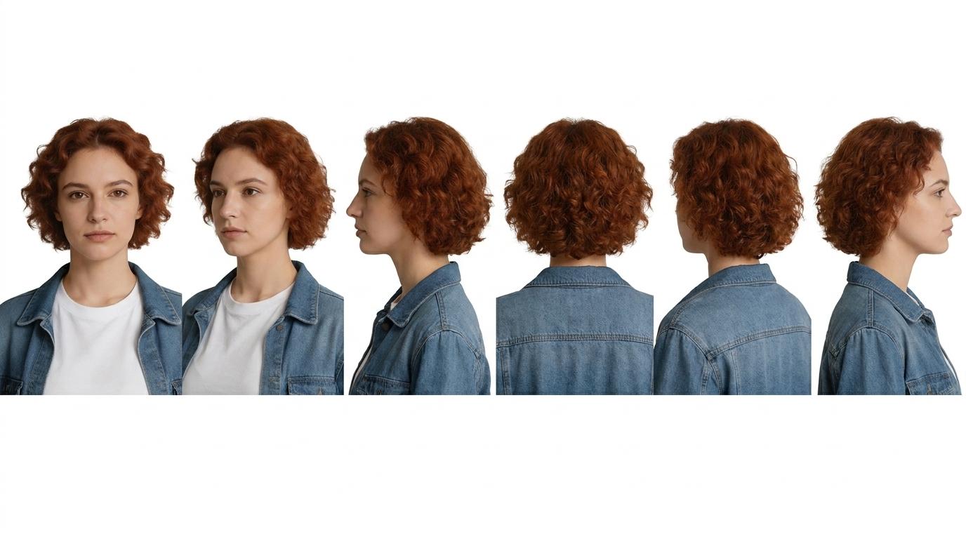 A real multi-view character turnaround sheet: front, 3/4, side, and back views