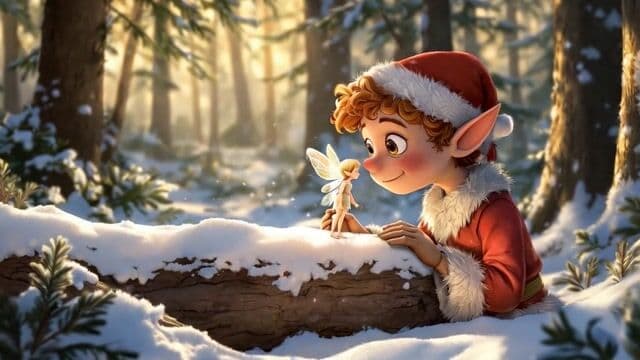 The elf gently approaches the fairy to kiss her on the forehead. Sunlight filters through the trees on the snow-covered forest scenery.