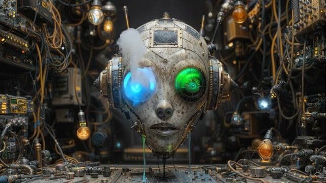 the robot head are talking, making eerie eyes, steam out ears, water droplets running,  blue oil dripping ,  light pulsing in its headphones, its mouth are moving, light bulbs flicker, electrical small current, transparent tubes with colored liquid, diode lights, led patches, eyes grow scary evil and robot head are laughing, surroundings has diode lights , shifting led patches in different colors, warning, symbols, bioschock hazard, camera static, gears turning around eye brims, nose moving, dripping uv blue transluscent liquid, 