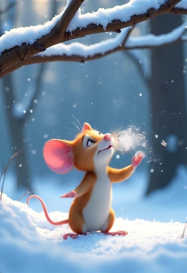 Generate me a humorous Pixar Movie image of an adorable mouse under a snowy tree branch, stretching out her tiny arms and sticking out her tongue to lick a falling snowflake. Winter decor, snowy forest and gently falling snowflakes.