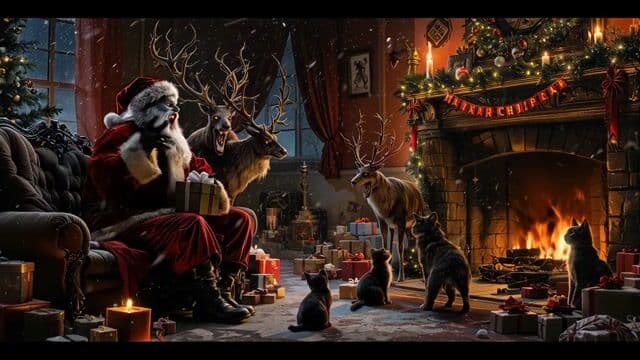 evil santa, laughs evil, cheer right hand gesticulate threat,scare cats, light in candle flickers, snowing in the living room, fire place burning slow moving flames, cast looking around with glowing eyes, evil raideers laughing, showing jaws and teeths. light flicker in cristmas decoration lights, lantern on fireplace flicker with orange glow, reflections in cristmas balls on tree. evil cristmas, photorealistic, camera zoom in, 