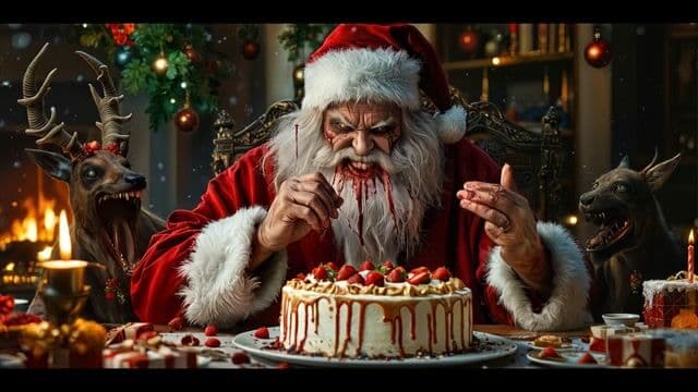 evil santa laughs evil, gesticulate and talk evil laugh,  eat blueberry strawberry bloddy cake, , snowing in the living room, fire place burning slow moving flames, cast looking around with glowing eyes, evil raideers laughing, showing jaws and teeths. light flicker in cristmas decoration lights, lantern on fireplace flicker with orange glow, reflections in cristmas balls on tree. evil cristmas, photorealistic, snowing inside, all moving, 