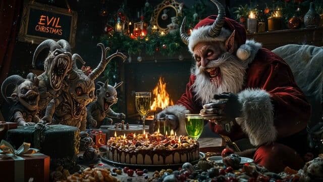 evil santa laughs evil, gesticulate and talk evil laugh,  eat blueberry strawberry bloddy cake,drink green transparent drinkwith left hand, cheers,  snowing in the living room, fire place burning slow moving flames, cast looking around with glowing eyes, evil raideers laughing, showing jaws and teeths. light flicker in cristmas decoration lights, lantern on fireplace flicker with orange glow, reflections in cristmas balls on tree. evil cristmas, photorealistic, snowing inside, all moving, 