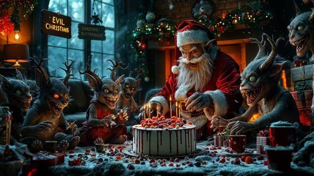 evil santa laughs evil,tells a scary story, all the toy bears get scared so they shake heavily, snowing in the living room, fire place burning slow moving flames, cast looking around with glowing eyes, evil raideers laughing, showing jaws and teeths. light flicker in cristmas decoration lights, lantern on fireplace flicker with orange glow, reflections in cristmas balls on tree. evil cristmas, photorealistic, snowing inside, all moving, 