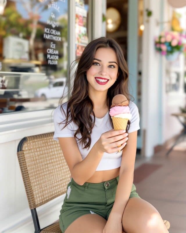 She hold out the ice cream cone out and offers it to the viewer