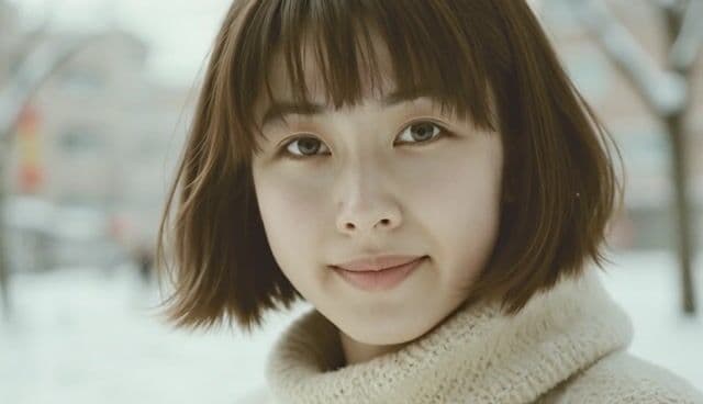 19 years old beautiful female with short bang hair, winter season in Otaru in japan, film looks like the japanese movie "love letter", snowy, cinematic, film grain, shy smile