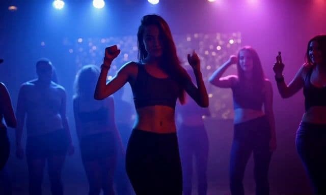 young beautiful woman dancing in club at party, tank top, belly free, tight leggings, slim body, blue and purple led lighting,