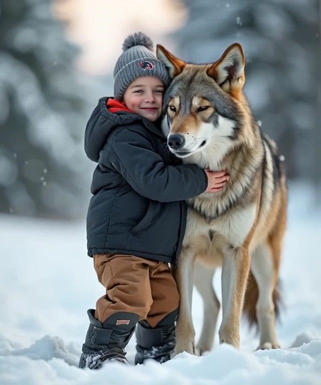 10yo boy hugging a huge wolf in winter landscape