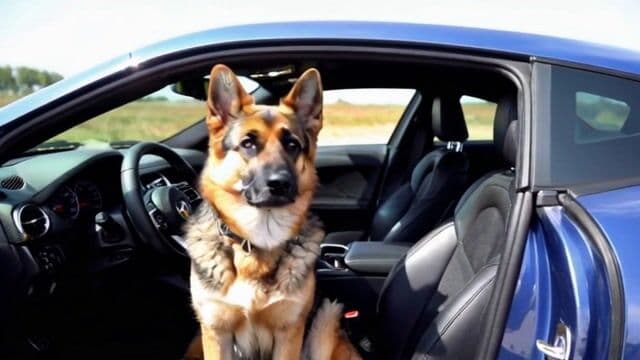 A german shepherd driving a sports car