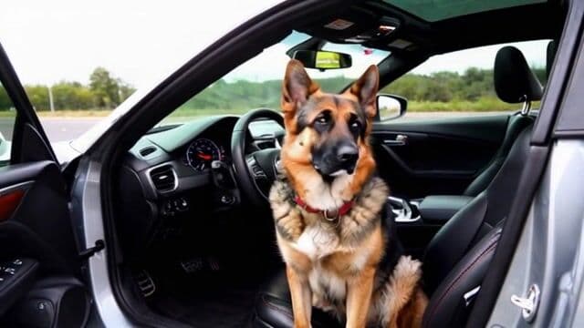 A german shepherd driving a sports car