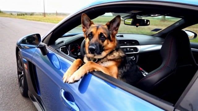 A german shepherd driving a sports car