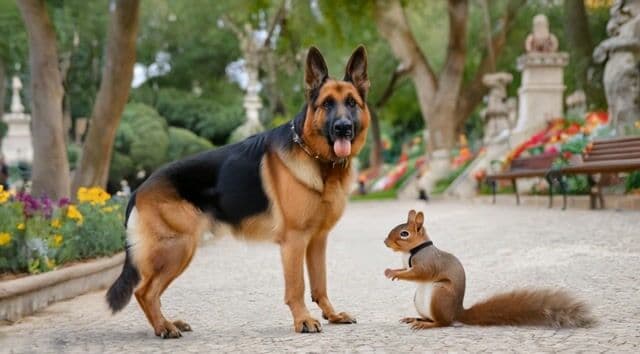 A german shepherd walking a squirrel through a park in Lisbon Portugal