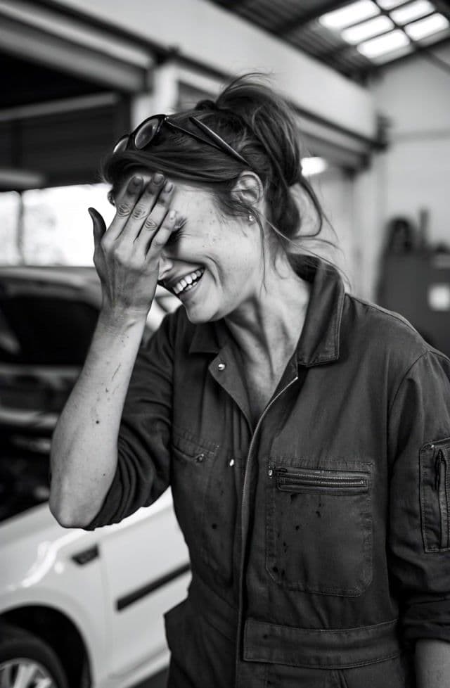 Black and white cinematic shot, very beautiful lady in an auto mechanic in a garage. She looks a bit like Penelope Cruz. Her face is slightly, really slightly, smeared with black. She tries to wipe her face with the back of her hand and bursts into laughter. She ist laughing while turn her head slowly to the viewer. camera zoom in with focus on her eyes