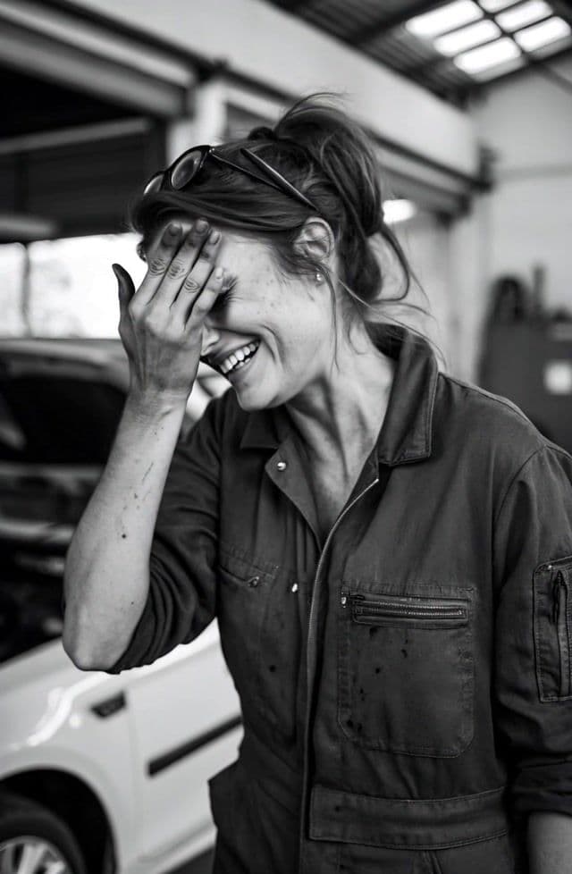 woman laughing loud with cinematic background music 