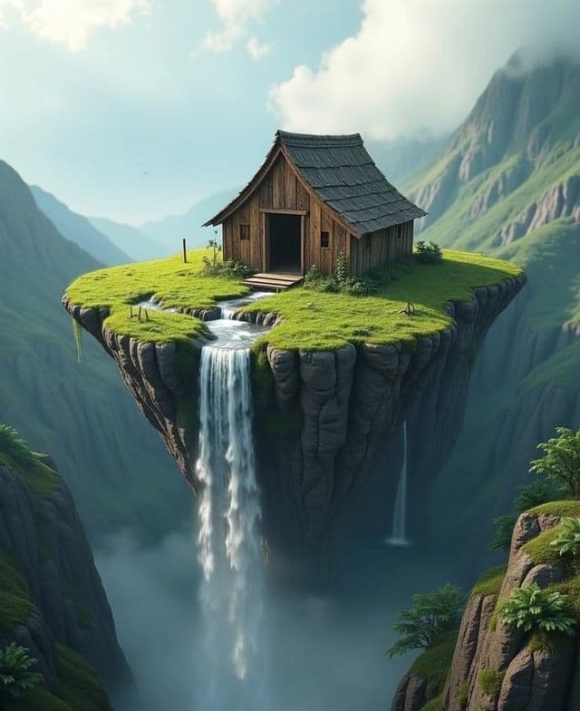 A cinematic photorealistic 3D shot of a simple wooden hut sitting on a piece of floating land shaped like a plate, resembling a Minas Tirith-like design. The edges of the floating land cascade with flowing water, creating beautiful waterfalls that connect to the base land below. The scene is surrounded by misty air, lush greenery, and sunlight filtering through clouds. Detailed textures on the wood, rocks, and water emphasize realism. The composition is framed vertically in a 9:16 aspect ratio for an immersive view.
Camera flies above to a bird's eye view of the scene